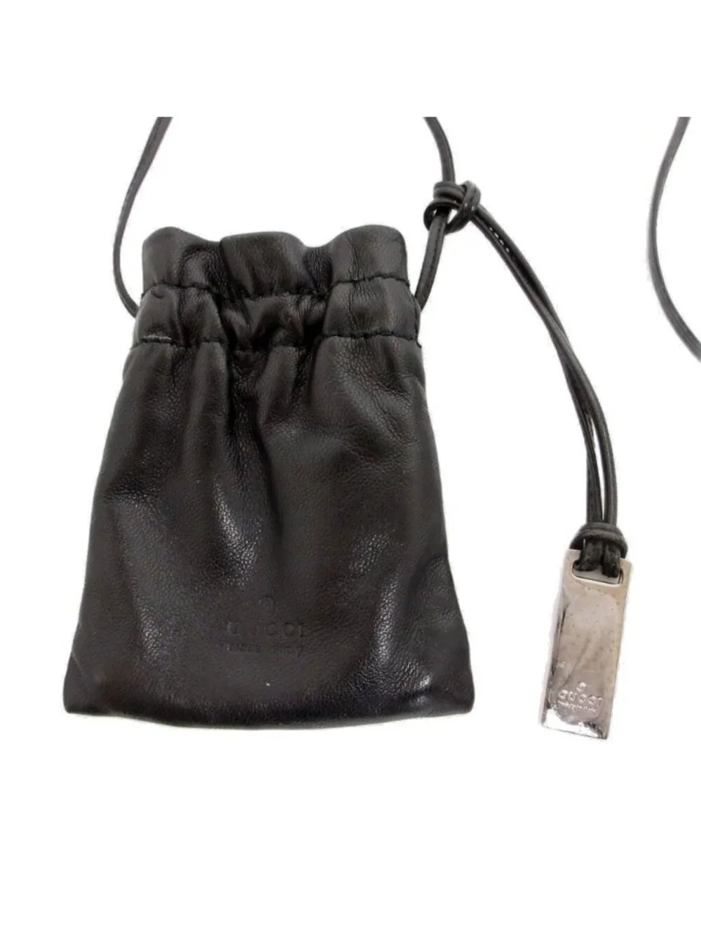 Gucci Neck Mini Pochette Mini Pouch Shoulder Bag Drawstring Leather Plate Black